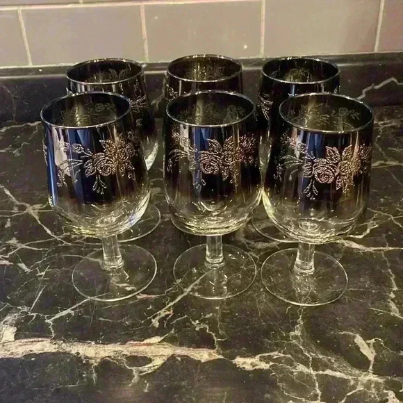 6 Vintage Silver Fade Wine Glasses Ombre WineGlasses, Leaf design made in France - Picture 2 of 14